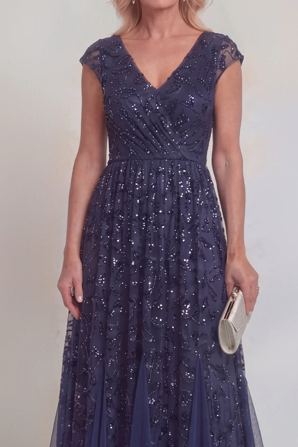 Navy Lace Floral Sequins A Line V-Neck Long Mother of The Bride Dress with Sleeves - Image 3