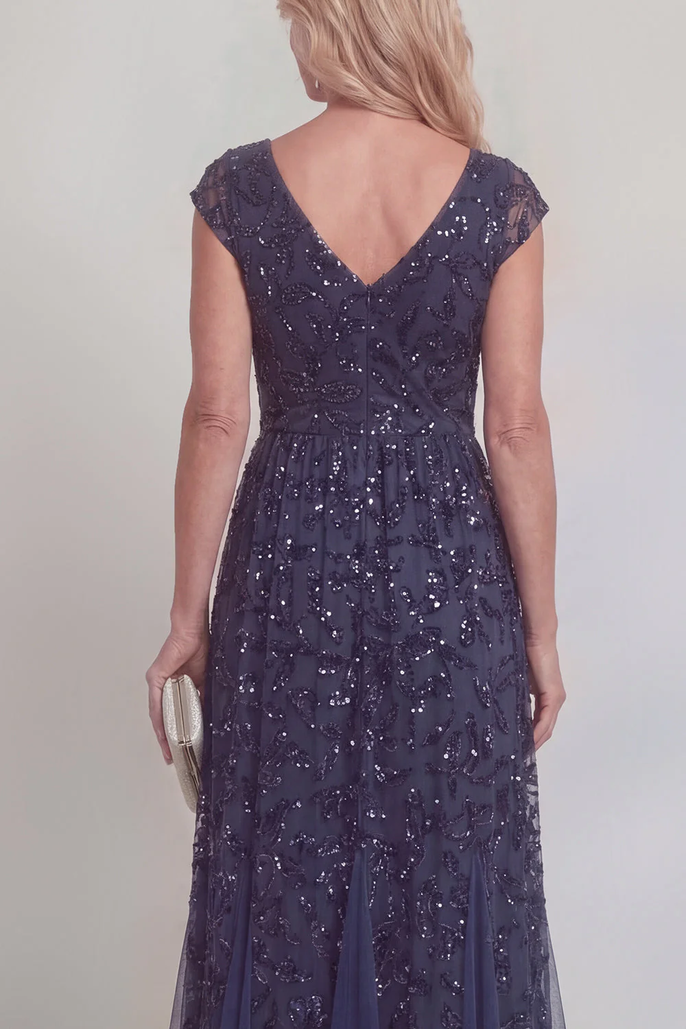 Navy Lace Floral Sequins A Line V-Neck Long Mother of The Bride Dress with Sleeves - Image 4
