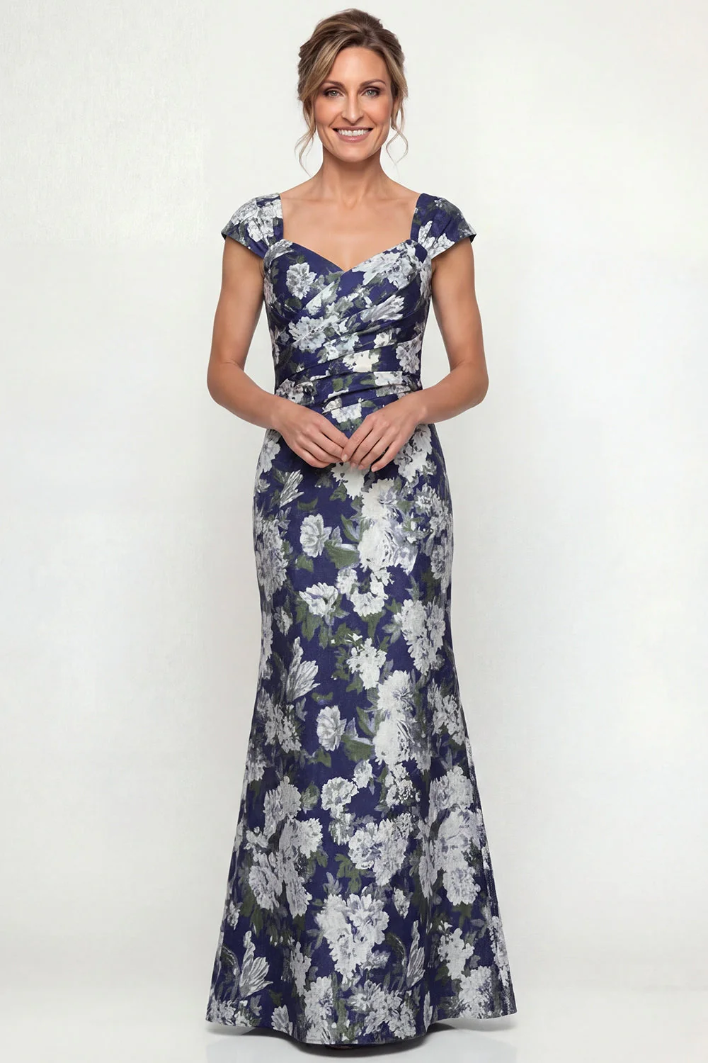 Navy Mermaid Printed Floral Mother of the Bride Dress