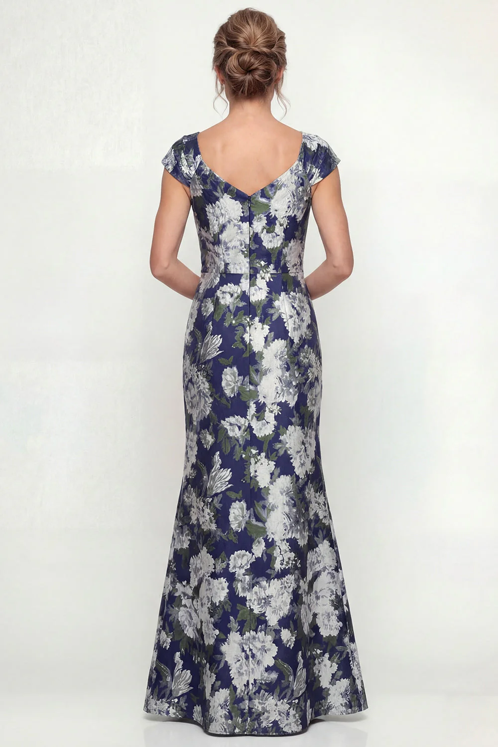 Navy Mermaid Printed Floral Mother of the Bride Dress - Image 2