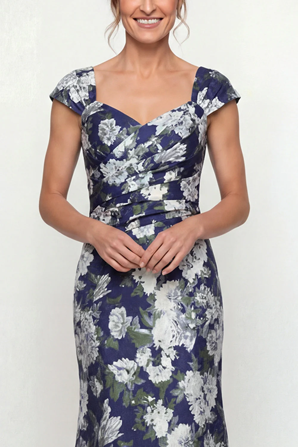 Navy Mermaid Printed Floral Mother of the Bride Dress - Image 3