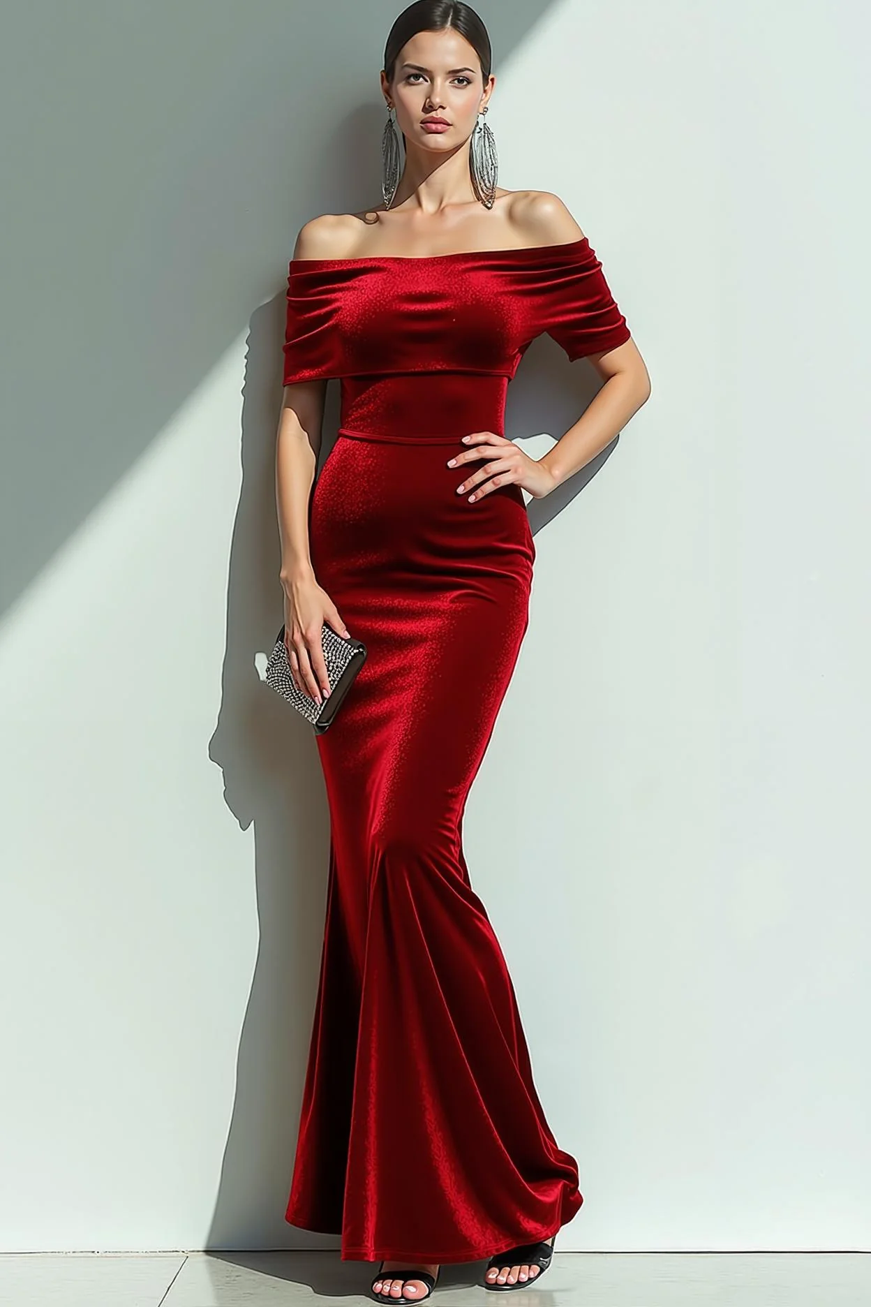 Navy Mermaid Velvet Off the Shoulder Maxi Evening Dress - Image 3