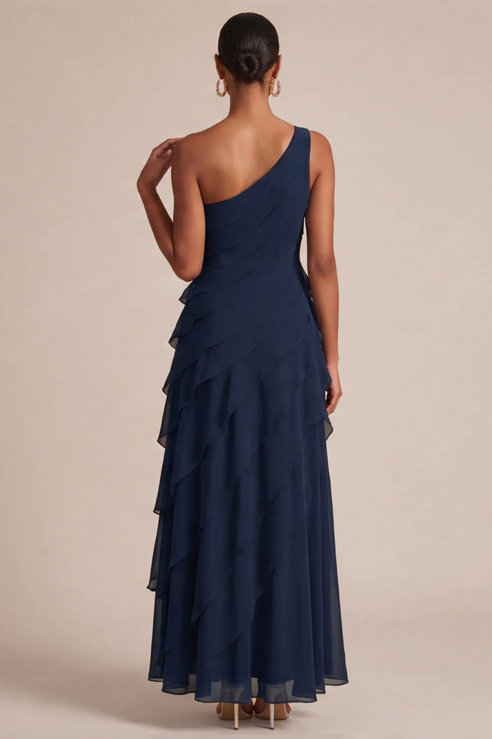 Navy One Shoulder A Line Ruffled Maxi Dress with 3D Flower - Image 2
