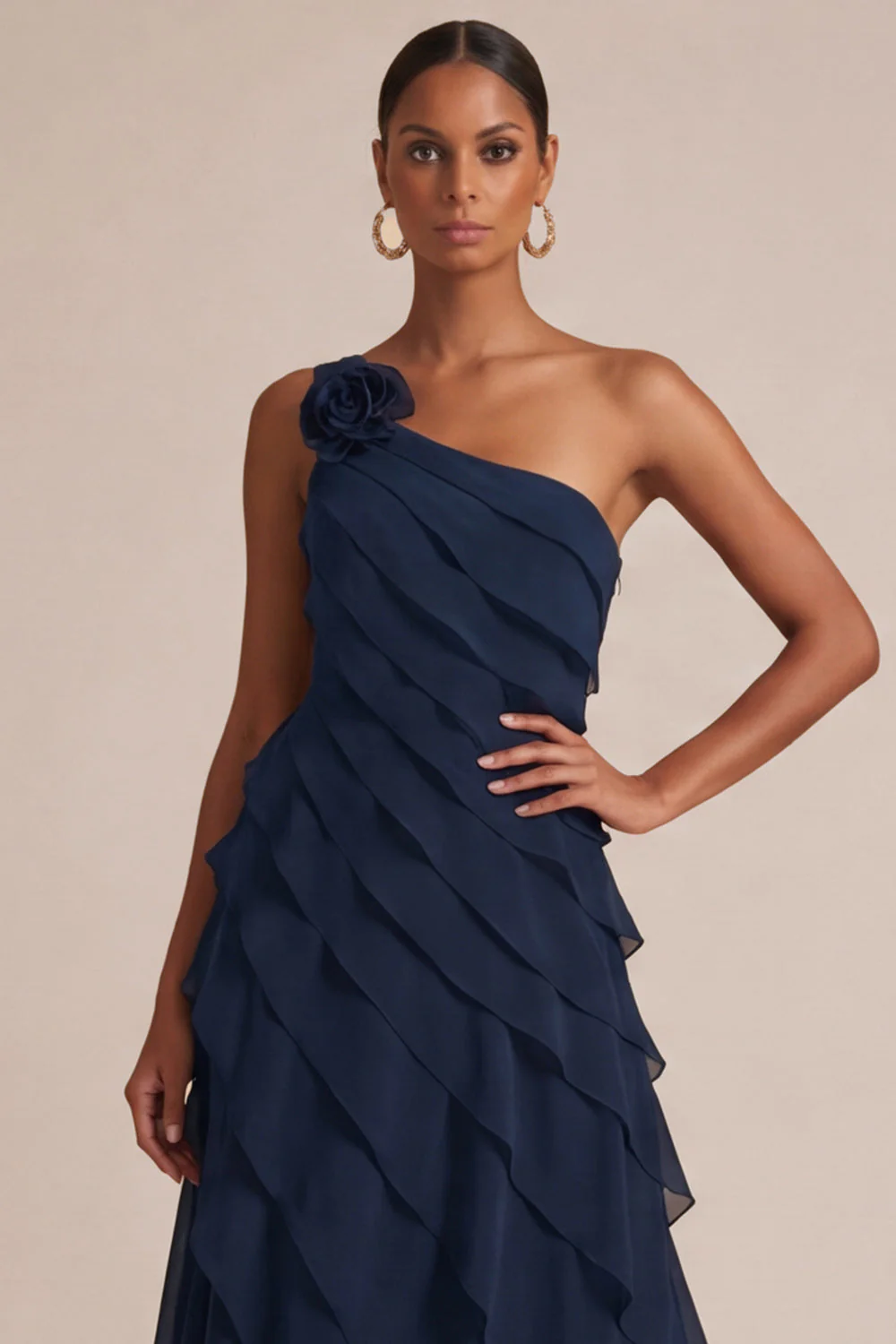Navy One Shoulder A Line Ruffled Maxi Dress with 3D Flower - Image 3