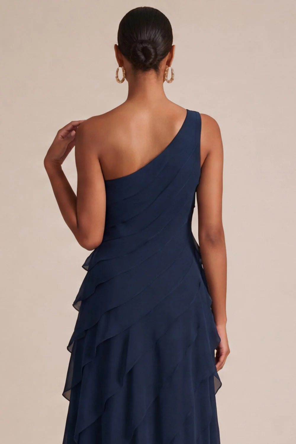 Navy One Shoulder A Line Ruffled Maxi Dress with 3D Flower - Image 4