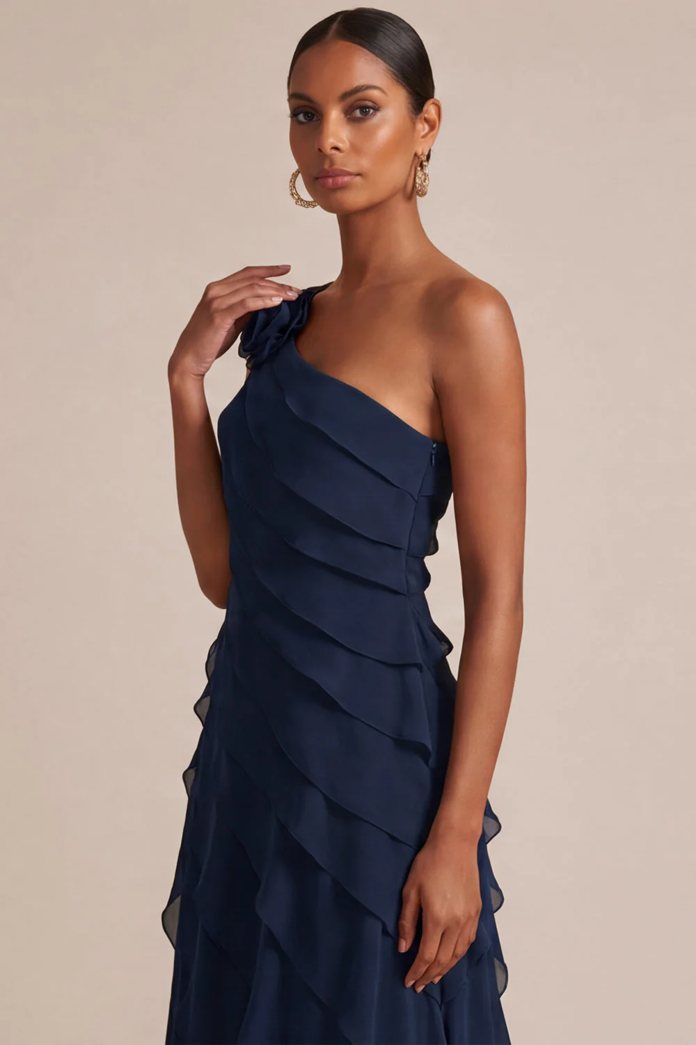 Navy One Shoulder A Line Ruffled Maxi Dress with 3D Flower - Image 5