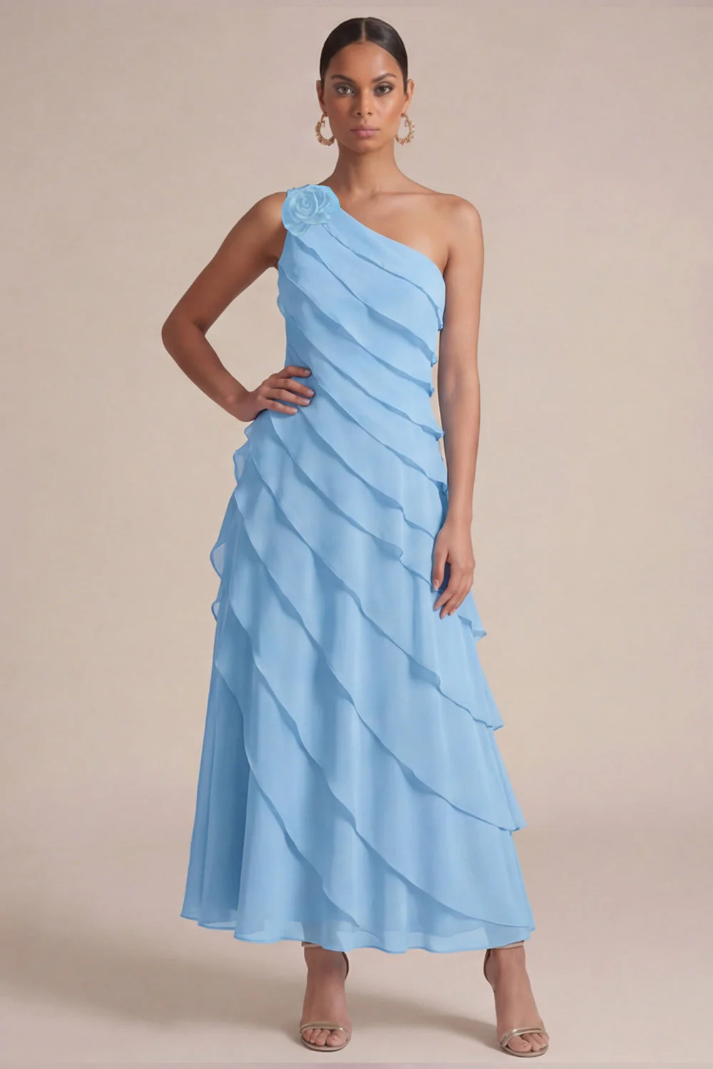 Navy One Shoulder A Line Ruffled Maxi Dress with 3D Flower - Image 6