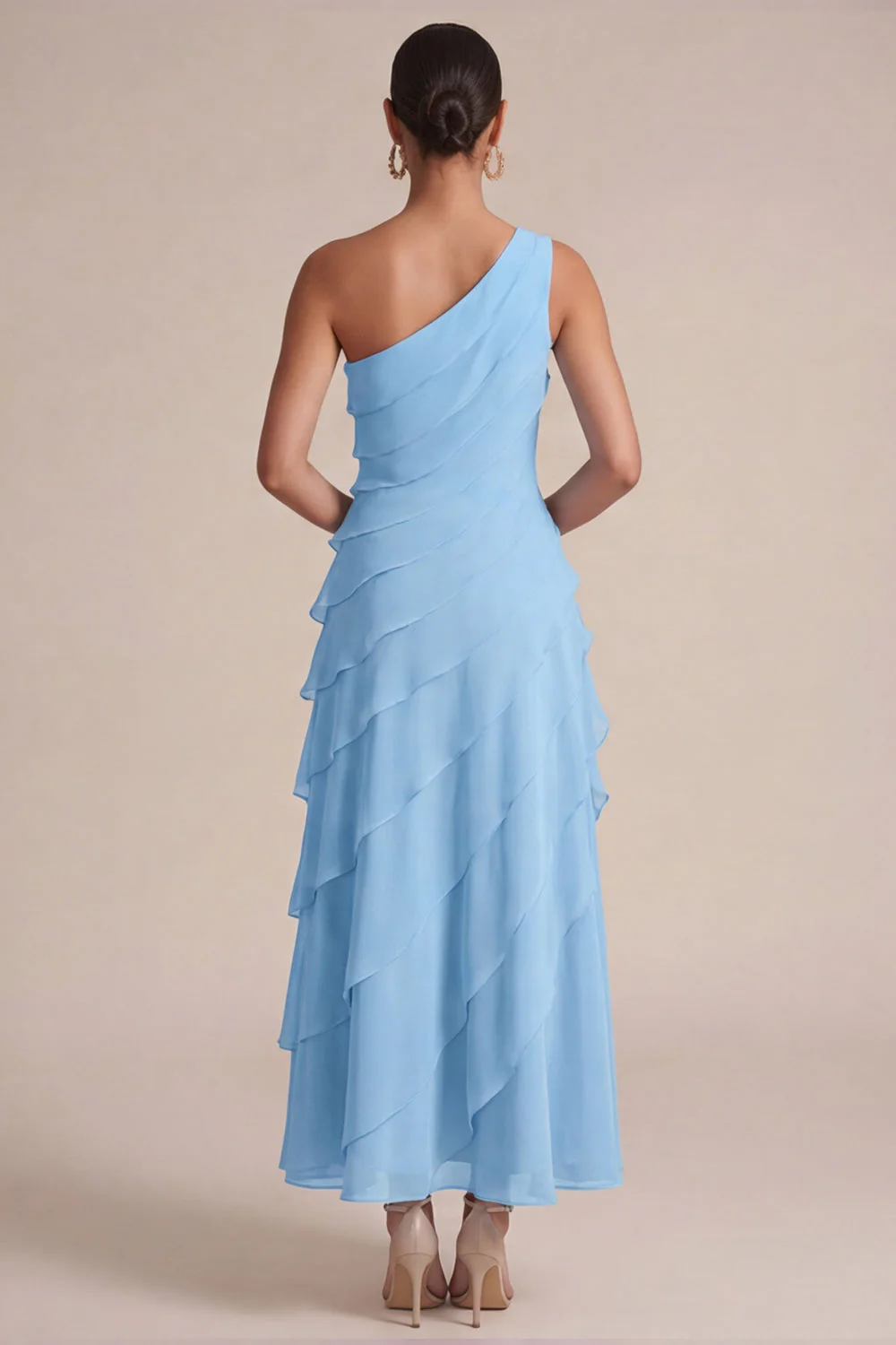 Navy One Shoulder A Line Ruffled Maxi Dress with 3D Flower - Image 7
