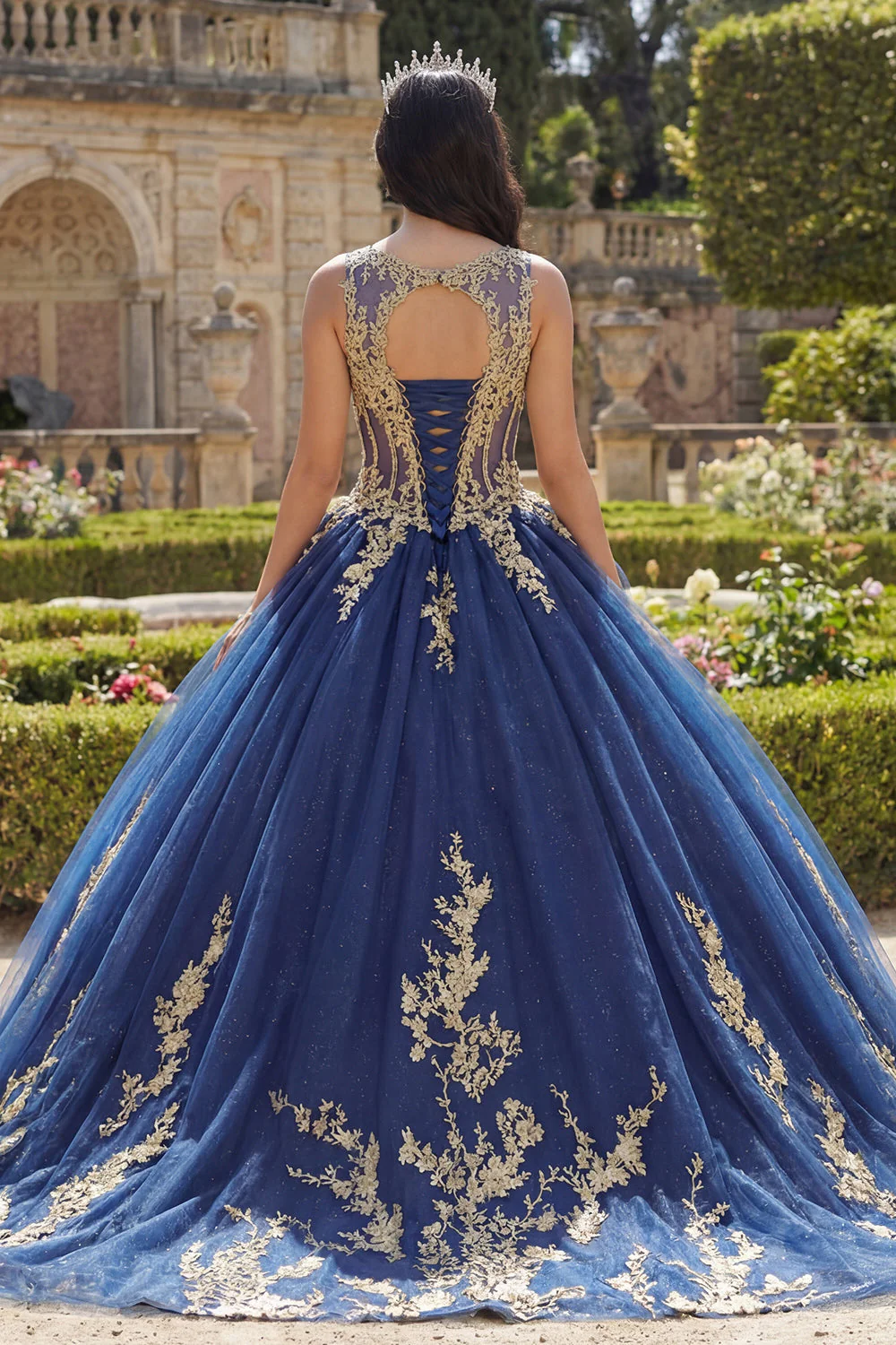 Navy Round Neck Corset Appliqued Ball Gown Quinceanera Dress - Image 2