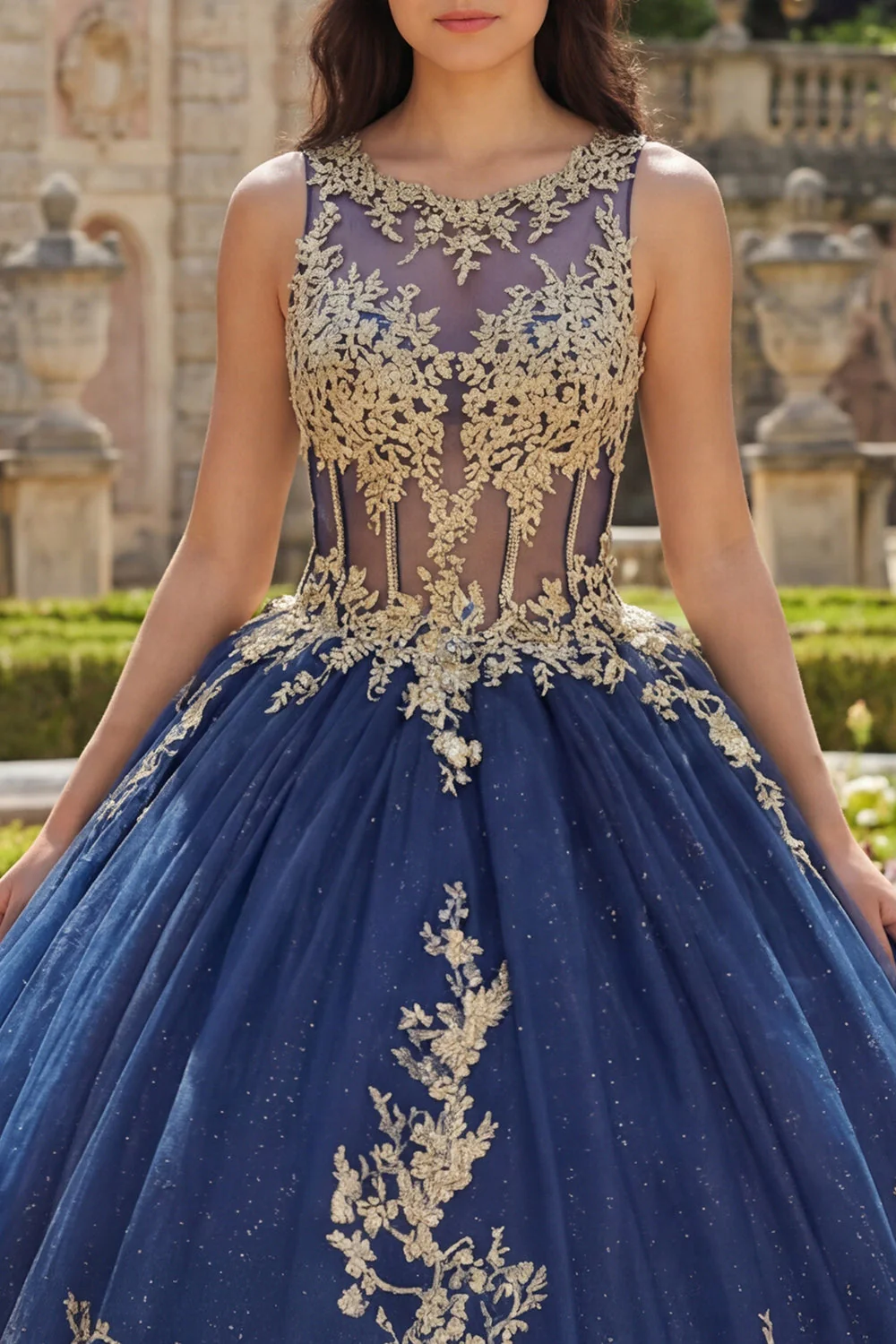 Navy Round Neck Corset Appliqued Ball Gown Quinceanera Dress - Image 3