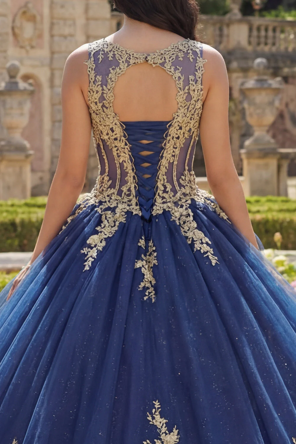 Navy Round Neck Corset Appliqued Ball Gown Quinceanera Dress - Image 4