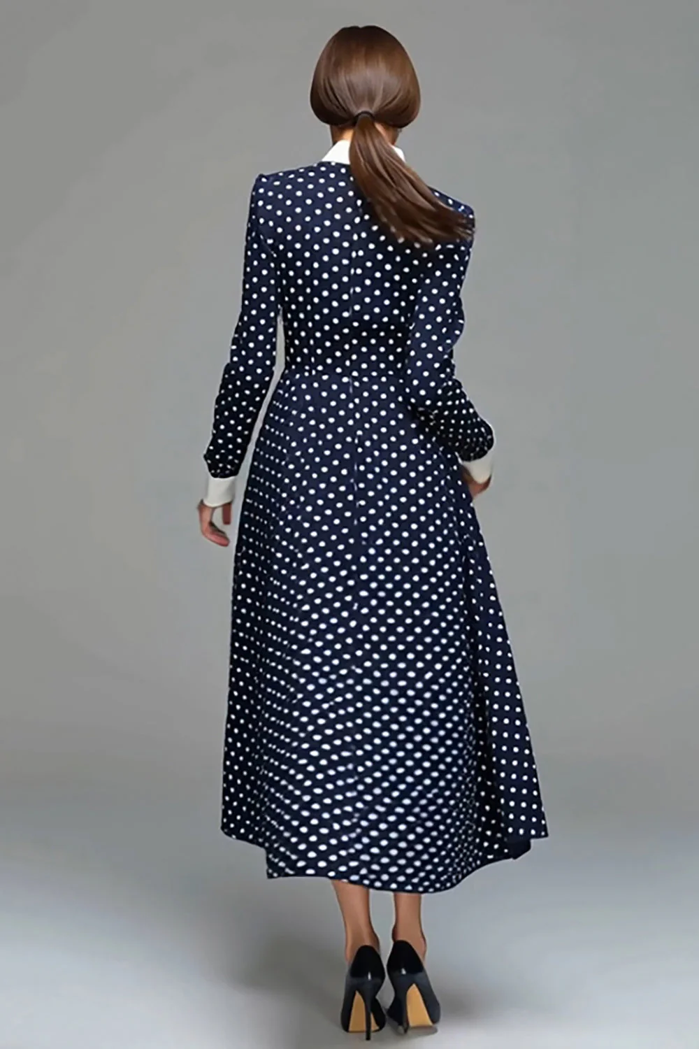 Navy Satin A-Line Long Sleeves Tea Length Polka Dots Dress - Image 2