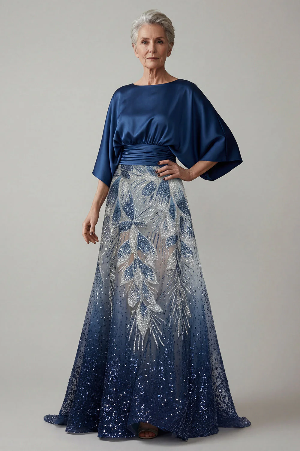 Sparkly Navy A Line 3/4 Sleeves Mother of the Bride Dress with Sequins