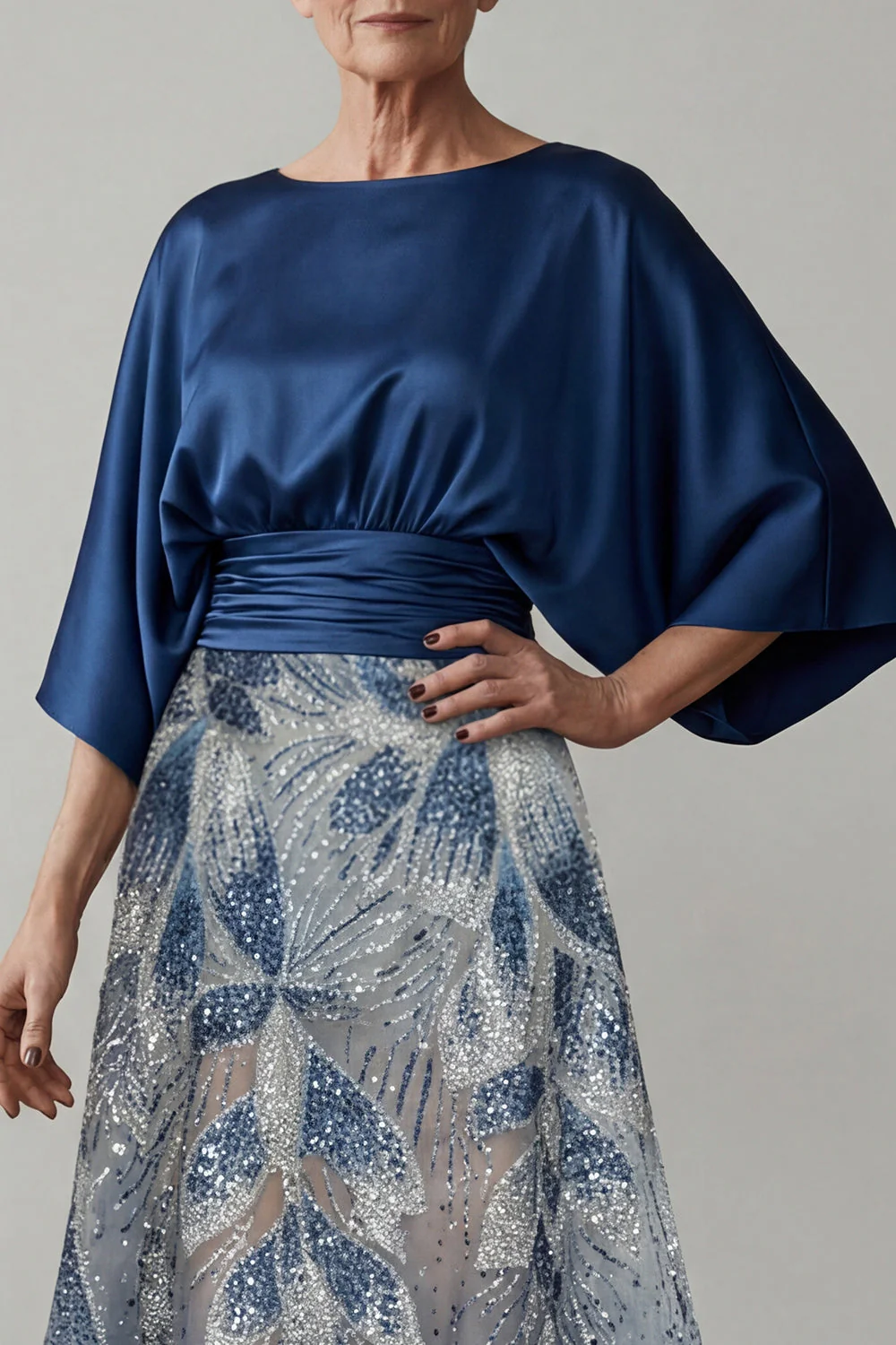 Sparkly Navy A Line 3/4 Sleeves Mother of the Bride Dress with Sequins - Image 3