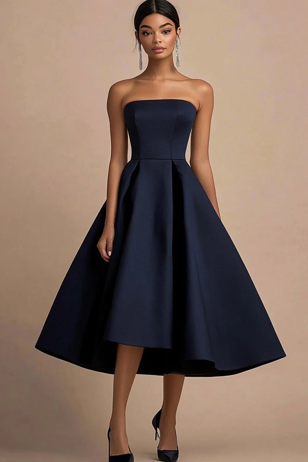 Navy Strapless A Line Satin Midi Evening Dress
