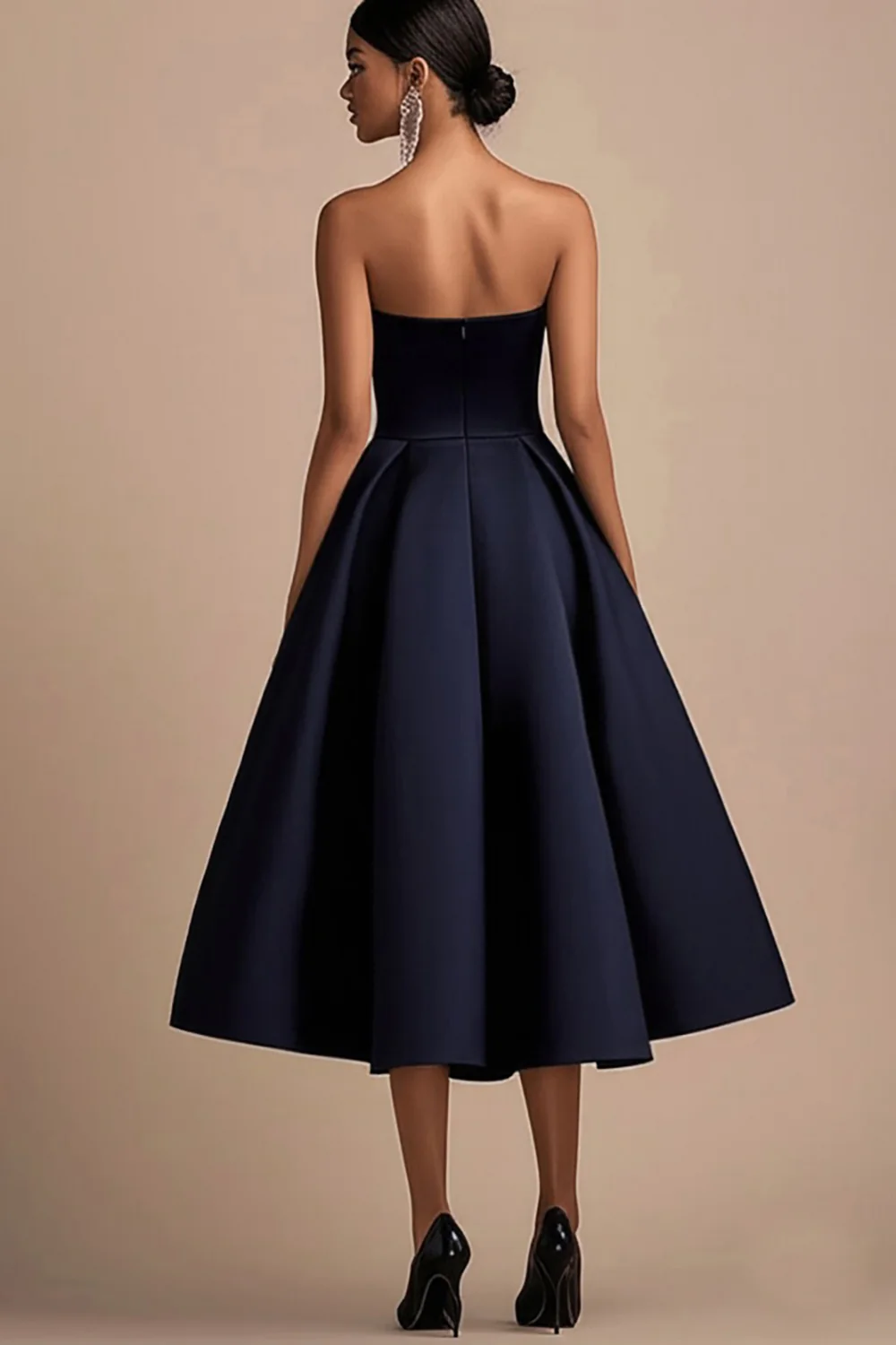 Navy Strapless A Line Satin Midi Evening Dress - Image 2
