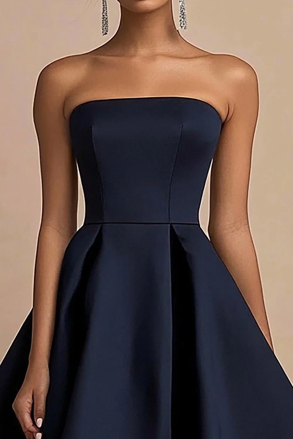 Navy Strapless A Line Satin Midi Evening Dress - Image 3