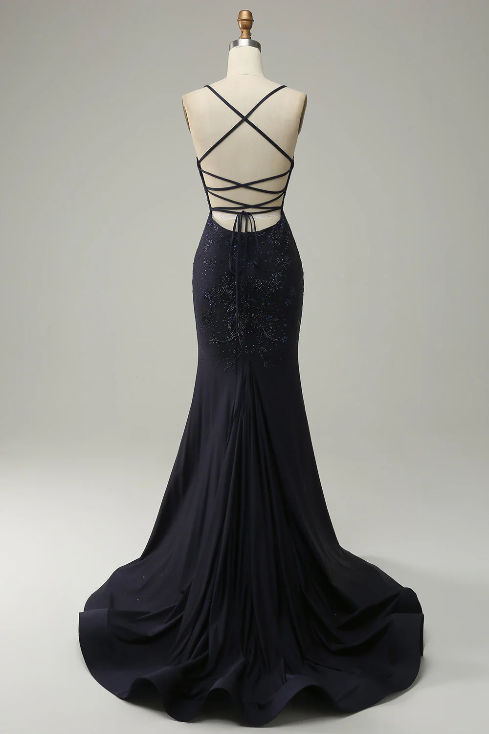 Navy Spaghetti Straps Beaded Prom Dress with Split - Image 2