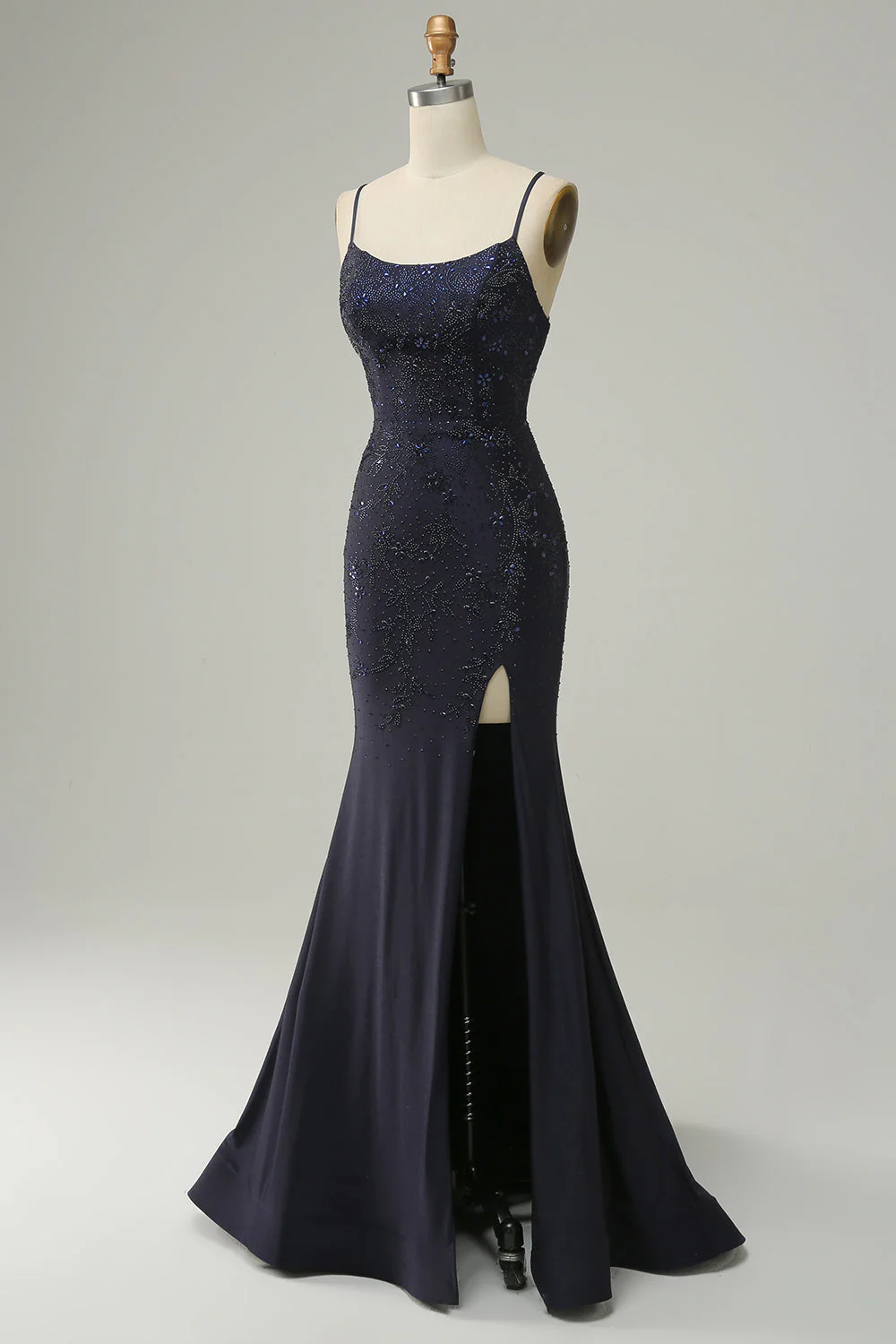 Navy Spaghetti Straps Beaded Prom Dress with Split - Image 3