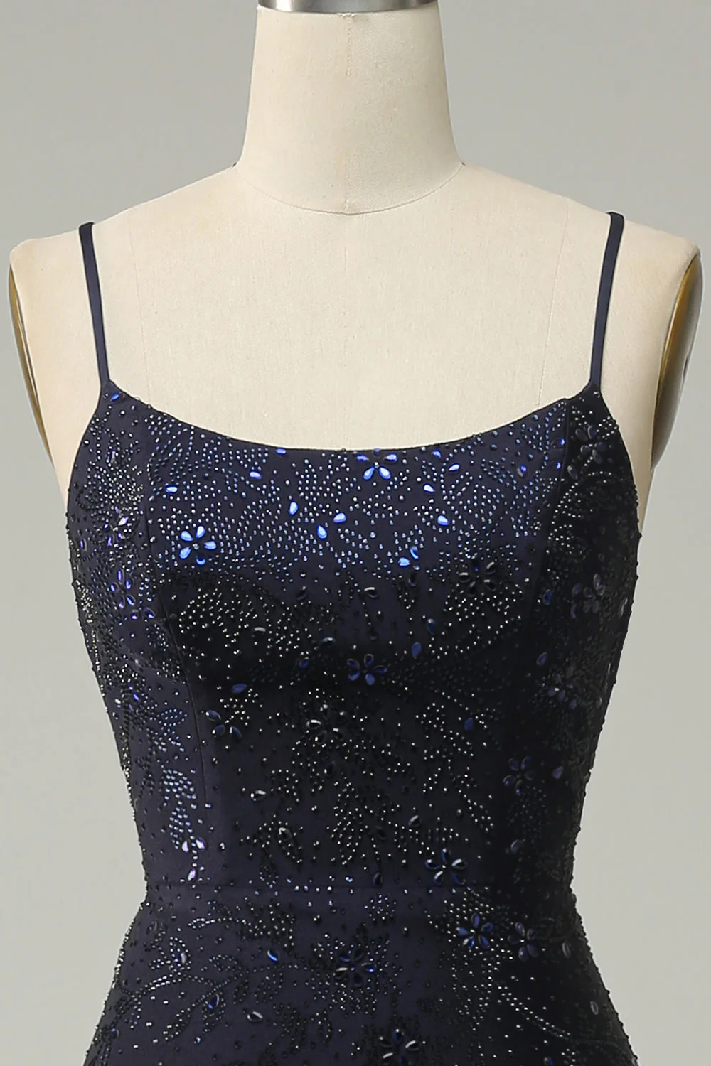 Navy Spaghetti Straps Beaded Prom Dress with Split - Image 4