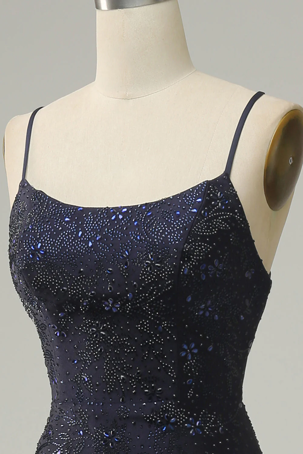 Navy Spaghetti Straps Beaded Prom Dress with Split - Image 6