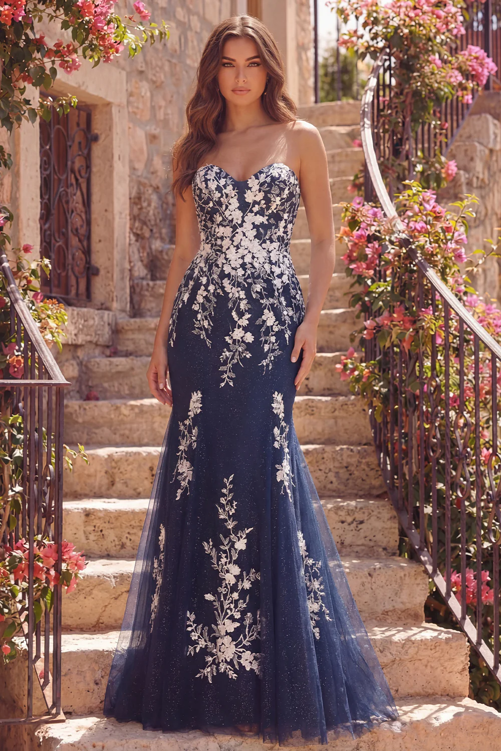 Navy Sweetheart Floral Mermaid Long Tulle Prom Dress