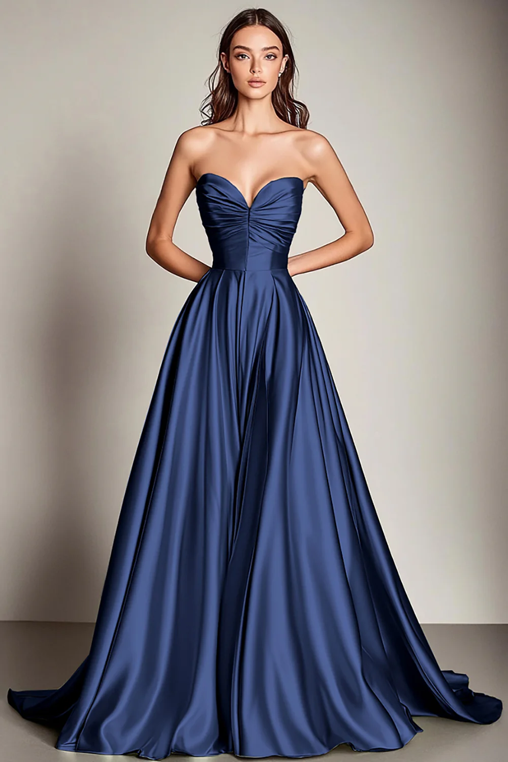 Navy Sweetheart Satin A Line Long Evening Dress