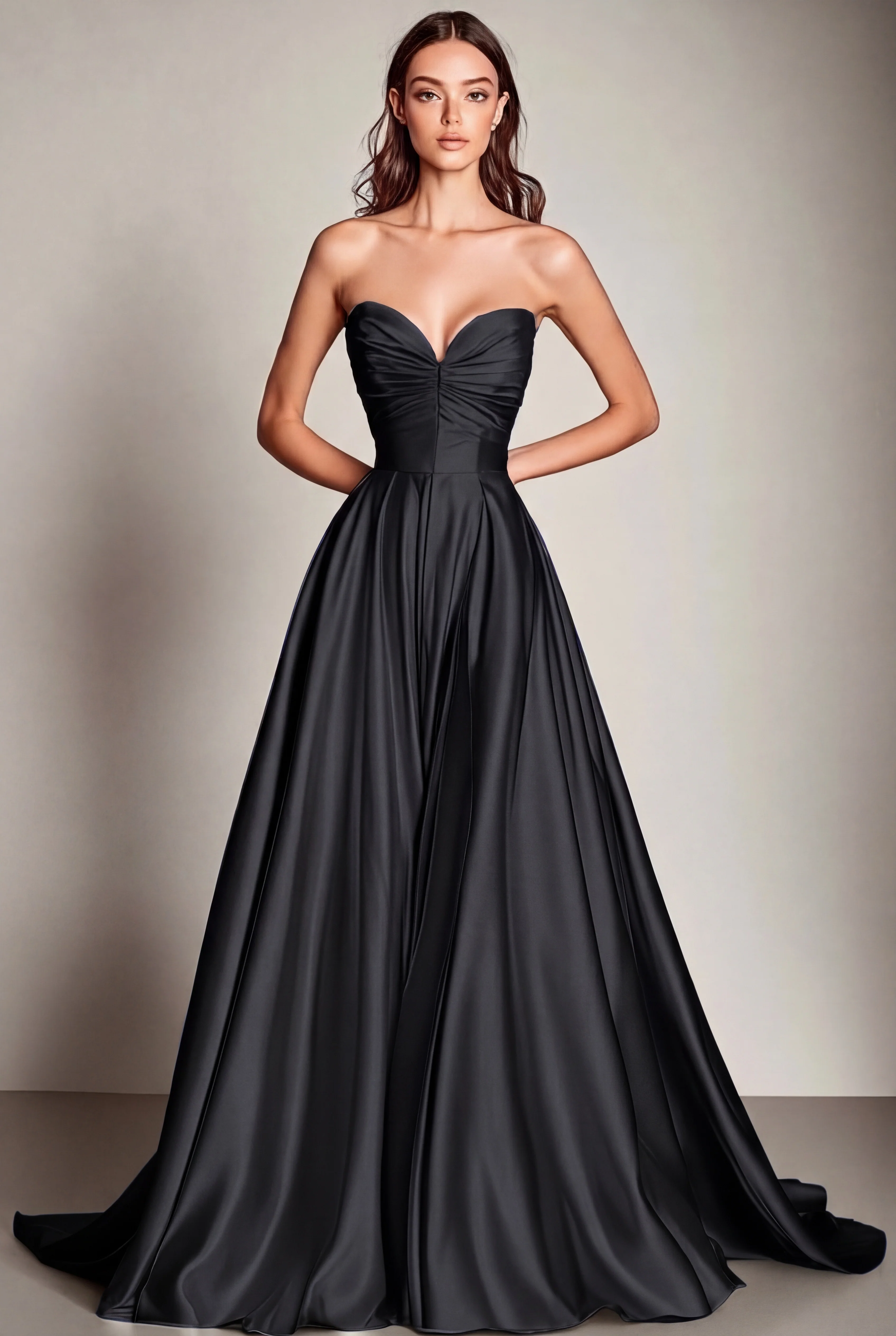 Navy Sweetheart Satin A Line Long Evening Dress - Image 3