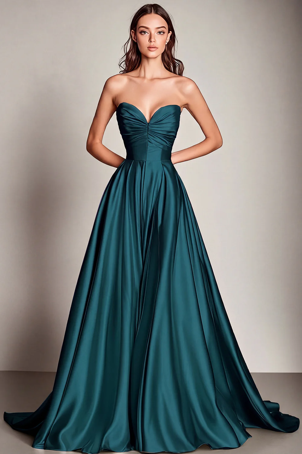 Navy Sweetheart Satin A Line Long Evening Dress - Image 4