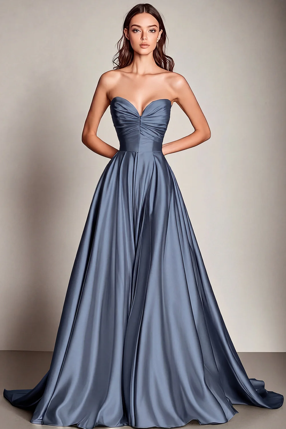 Navy Sweetheart Satin A Line Long Evening Dress - Image 6