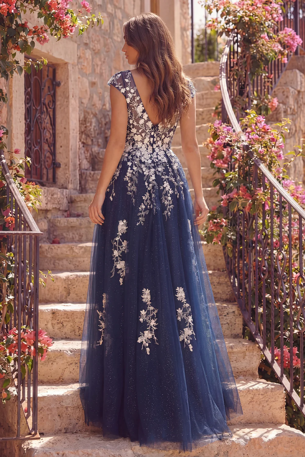 Navy Tulle A Line Floral V-Neck Long Prom Dress with Slit - Image 2
