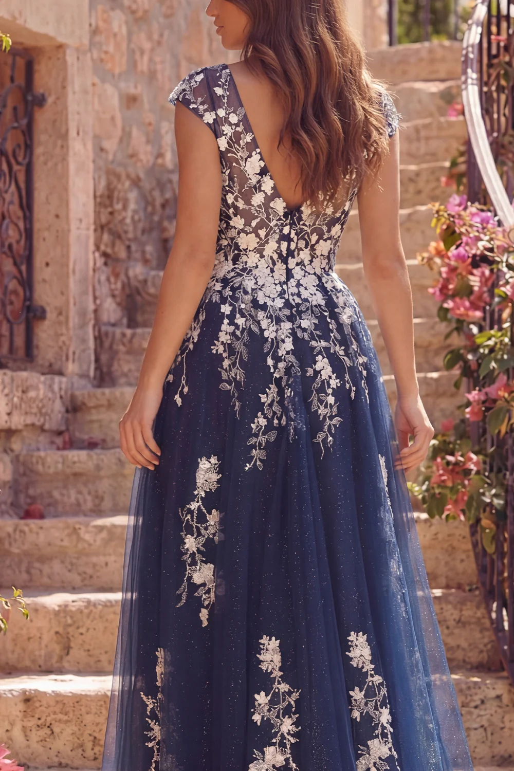 Navy Tulle A Line Floral V-Neck Long Prom Dress with Slit - Image 4