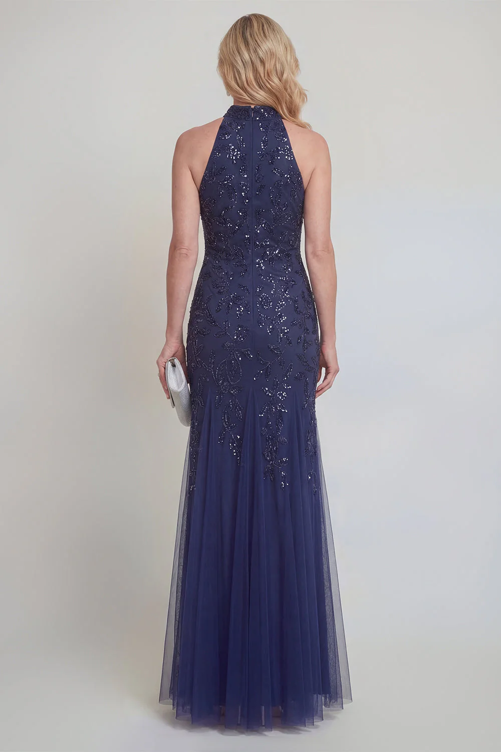 Navy Tulle Floral Sequins Halter Mermaid Long Mother of The Bride Dress - Image 2