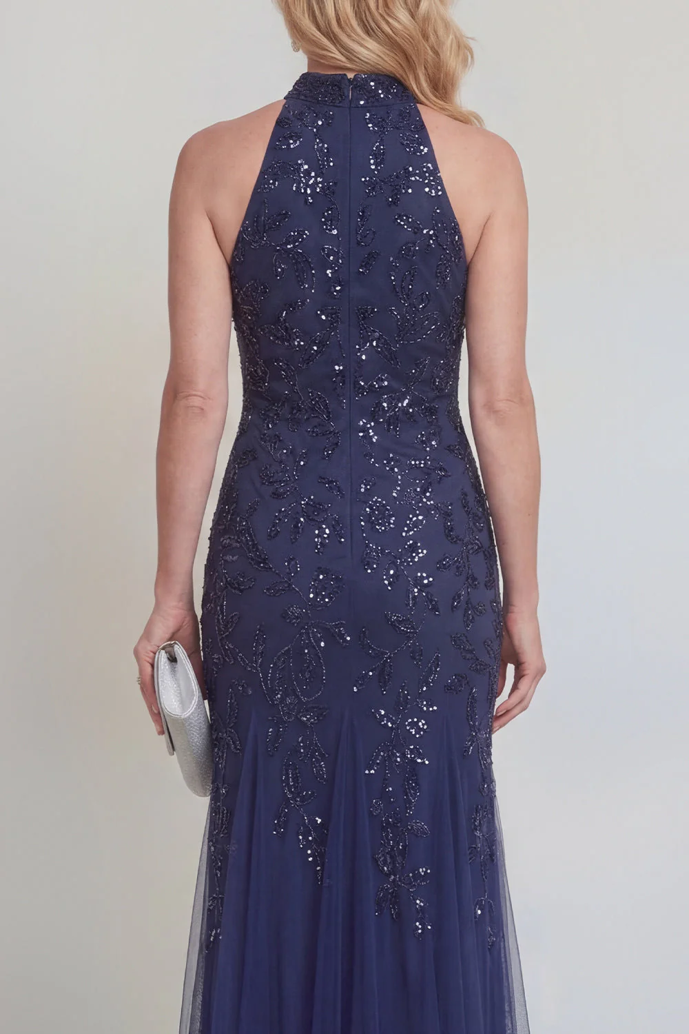 Navy Tulle Floral Sequins Halter Mermaid Long Mother of The Bride Dress - Image 4