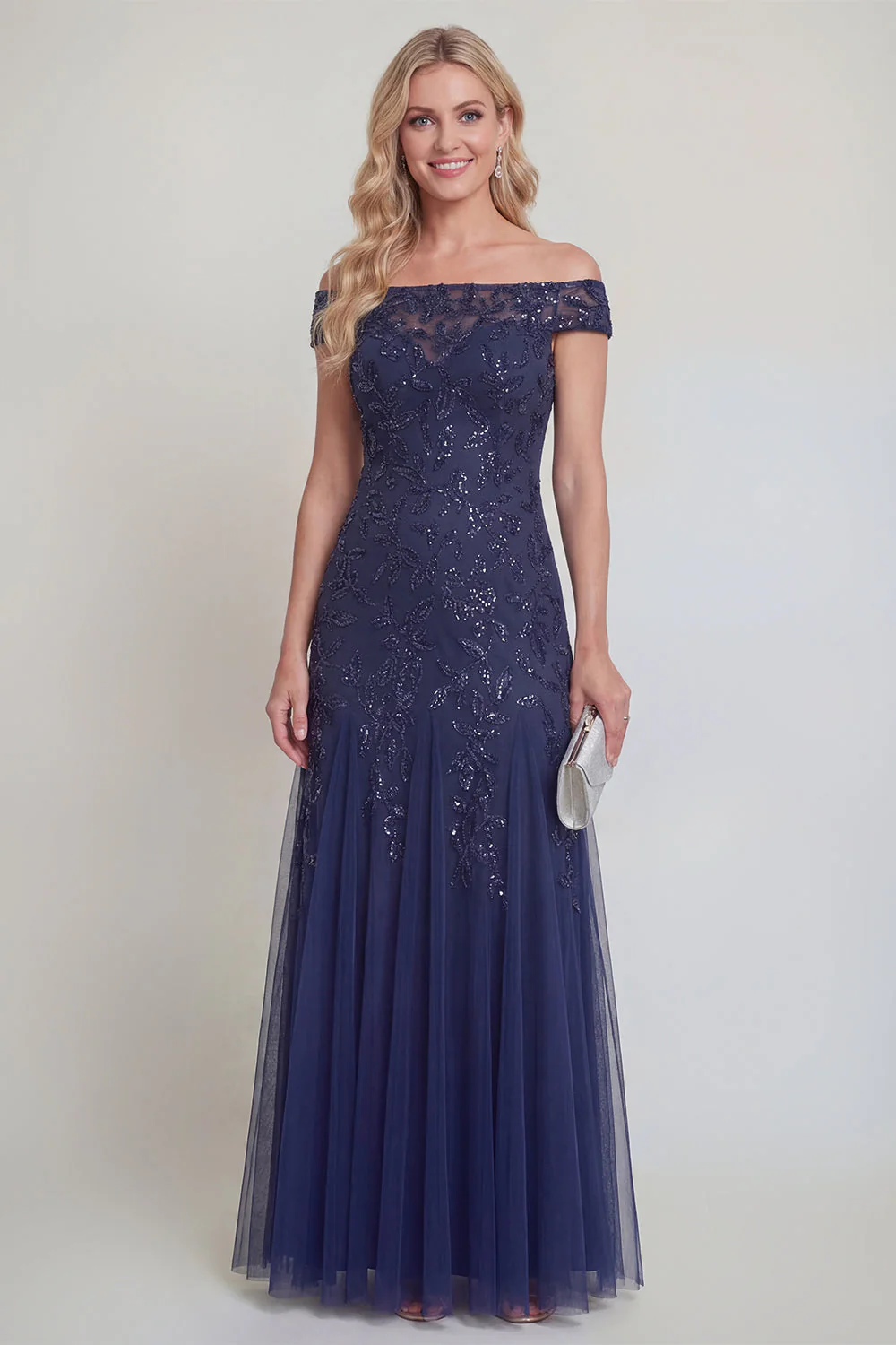 Navy Tulle Floral Sequins Off The Shoulder Long Mother of The Bride Dress