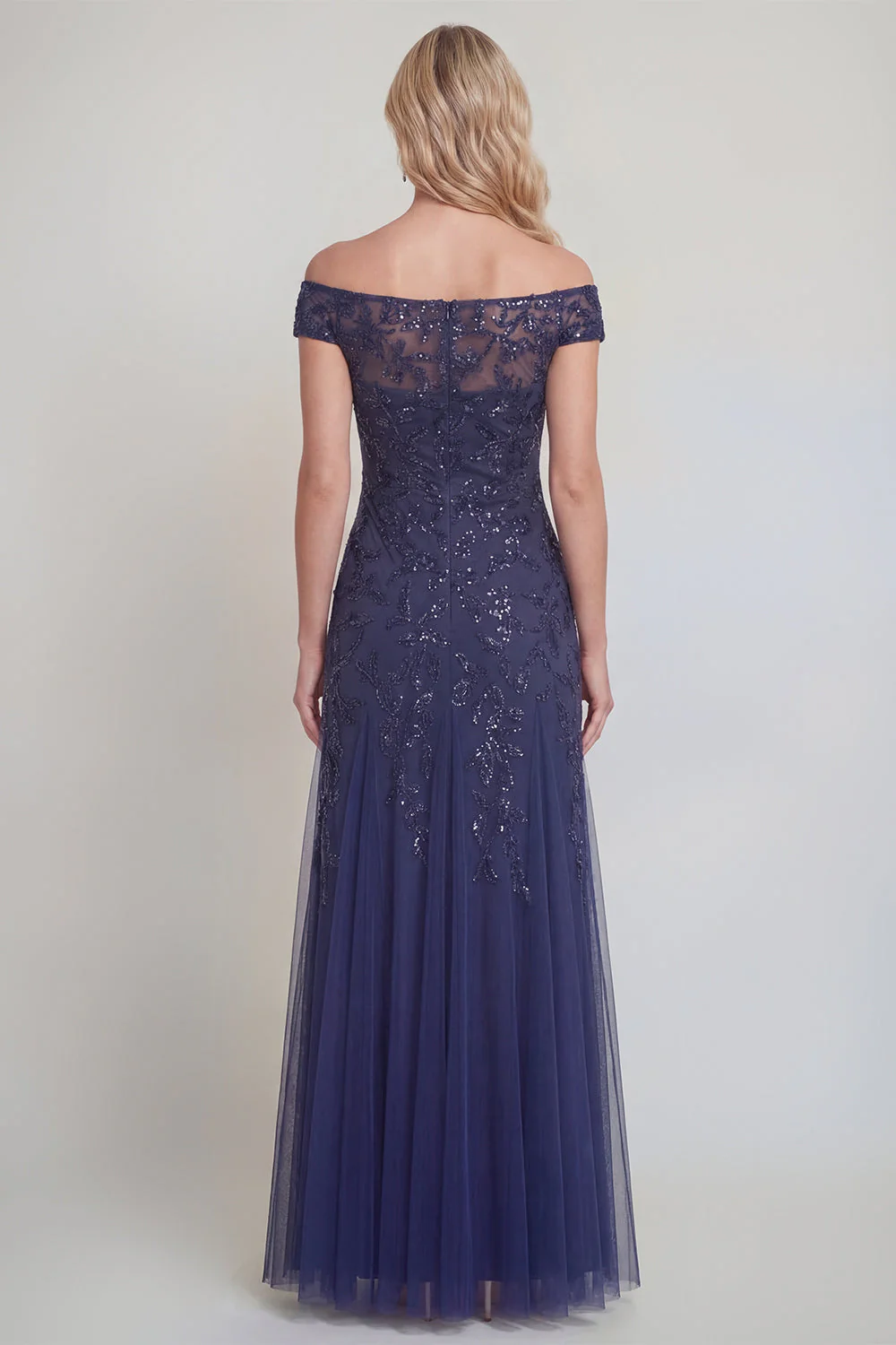 Navy Tulle Floral Sequins Off The Shoulder Long Mother of The Bride Dress - Image 2