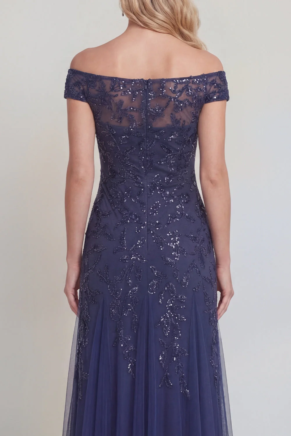 Navy Tulle Floral Sequins Off The Shoulder Long Mother of The Bride Dress - Image 4