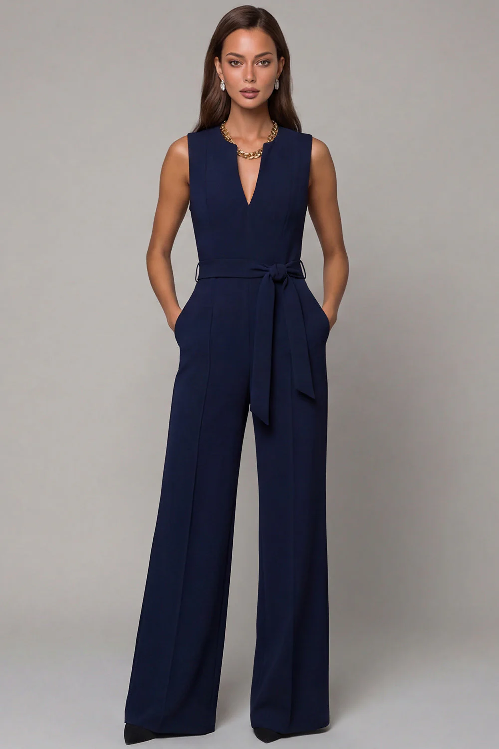 Navy V-Neck Sleeveless Formal Jumpsuit with Belt
