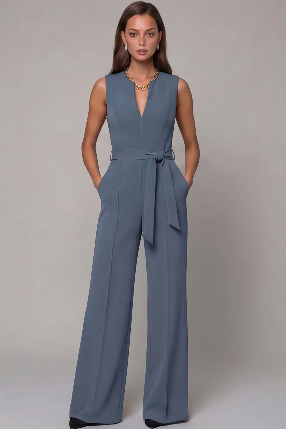 Navy V-Neck Sleeveless Formal Jumpsuit with Belt - Image 10