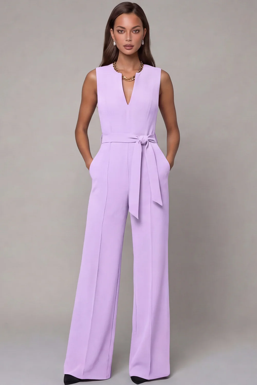 Navy V-Neck Sleeveless Formal Jumpsuit with Belt - Image 11