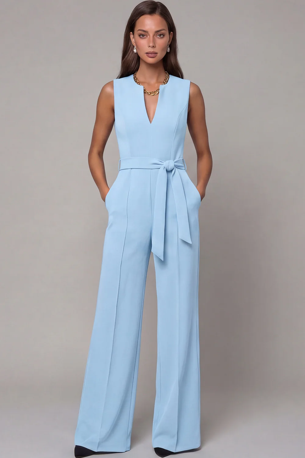 Navy V-Neck Sleeveless Formal Jumpsuit with Belt - Image 12