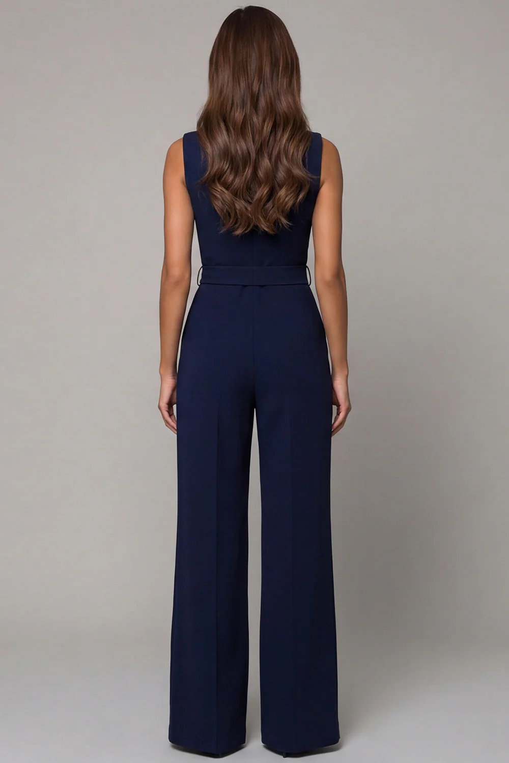 Navy V-Neck Sleeveless Formal Jumpsuit with Belt - Image 2