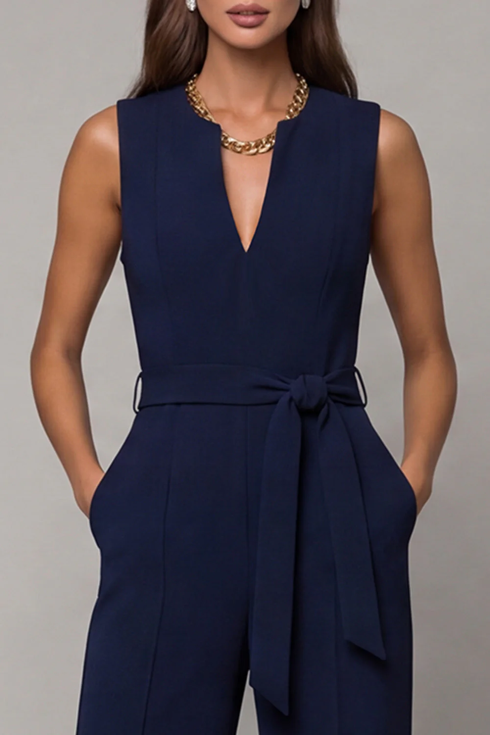 Navy V-Neck Sleeveless Formal Jumpsuit with Belt - Image 3