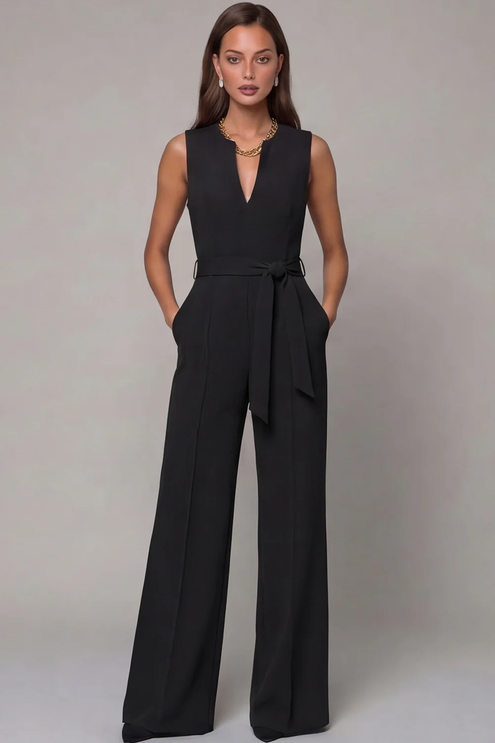 Navy V-Neck Sleeveless Formal Jumpsuit with Belt - Image 5