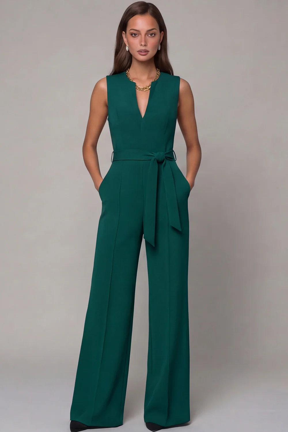 Navy V-Neck Sleeveless Formal Jumpsuit with Belt - Image 6