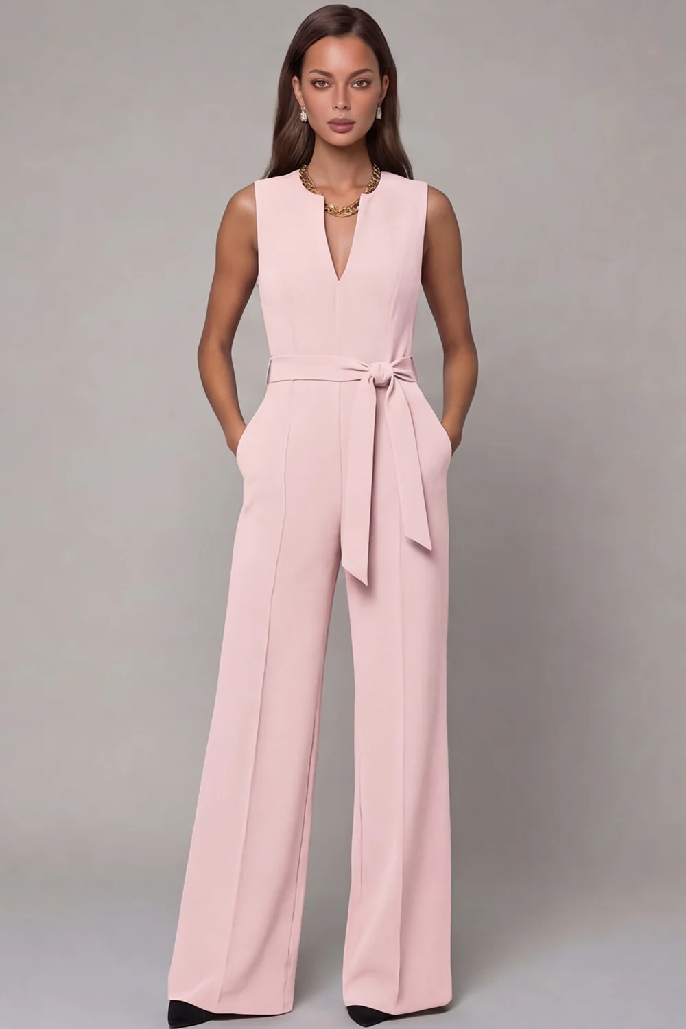 Navy V-Neck Sleeveless Formal Jumpsuit with Belt - Image 7