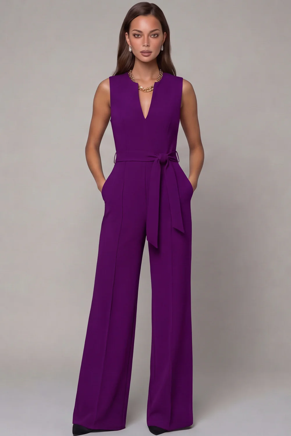 Navy V-Neck Sleeveless Formal Jumpsuit with Belt - Image 8