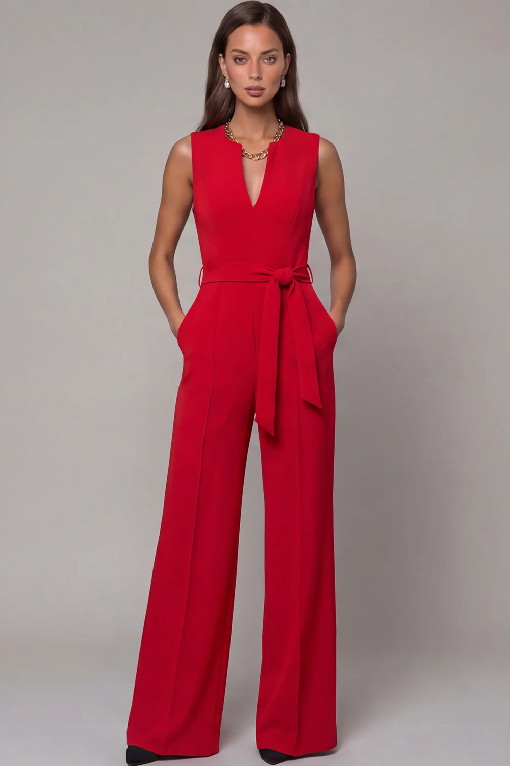 Navy V-Neck Sleeveless Formal Jumpsuit with Belt - Image 9
