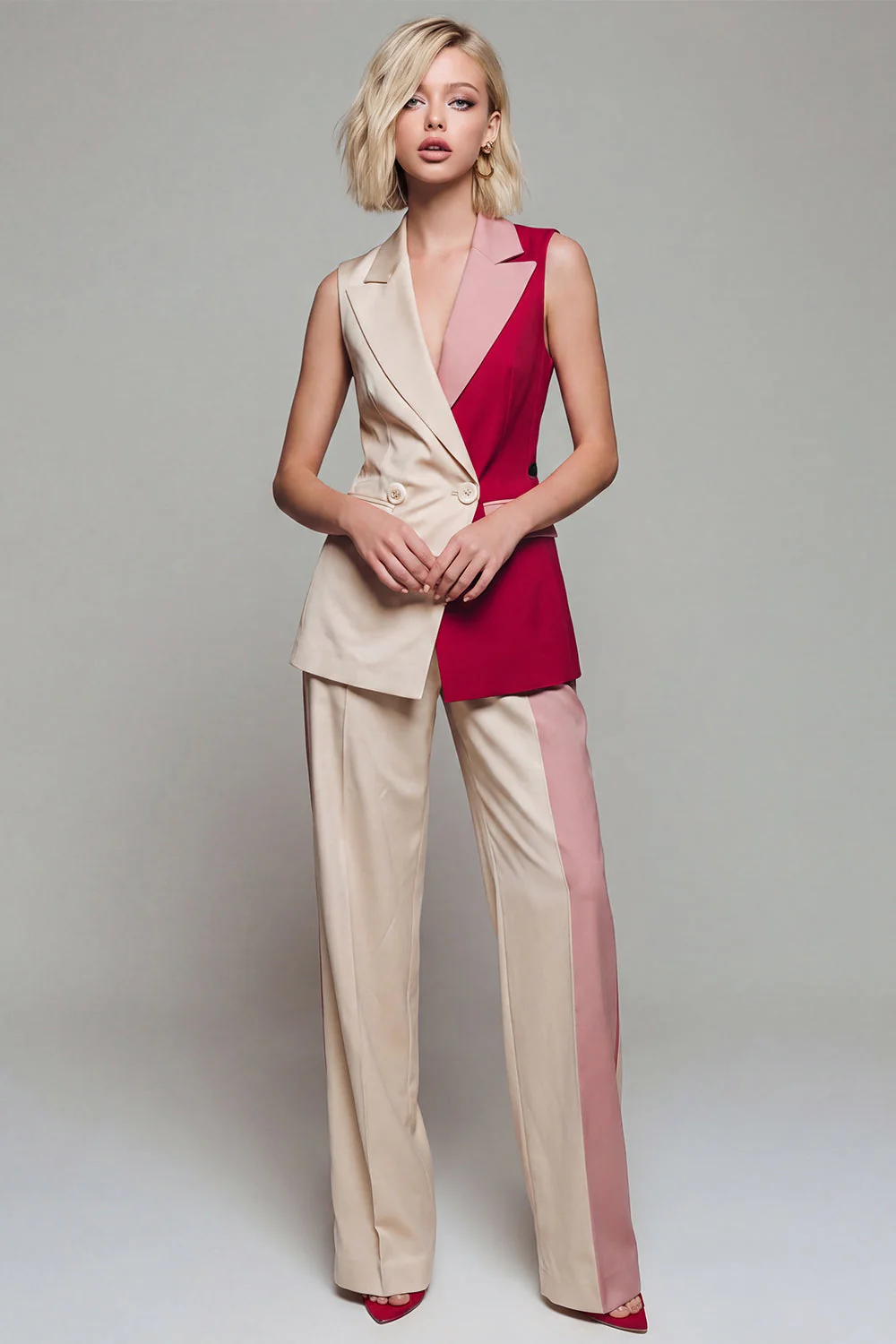 Light Khaki 2 Piece Notched Lapel ColorBlock Women Suits