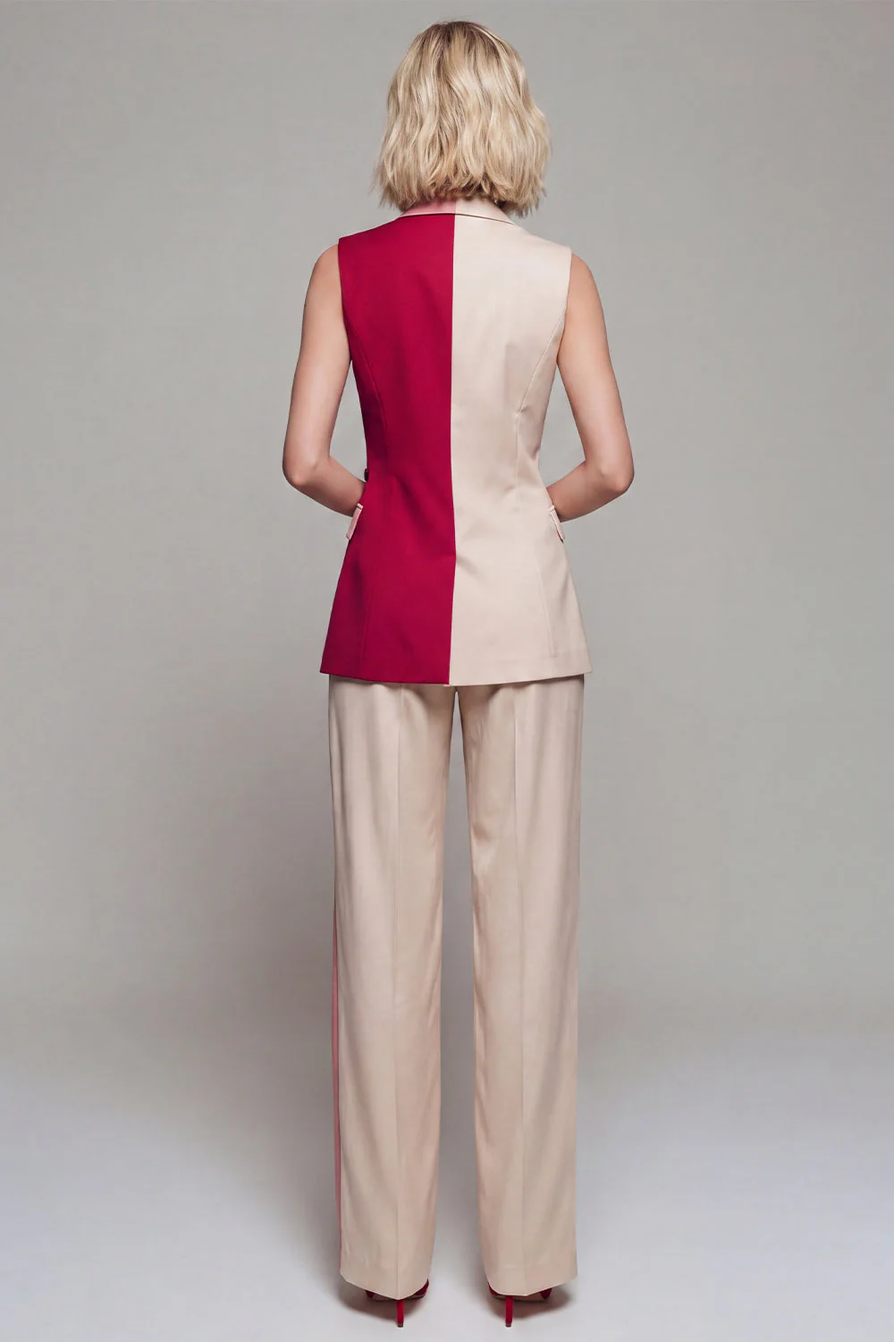 Light Khaki 2 Piece Notched Lapel ColorBlock Women Suits - Image 2